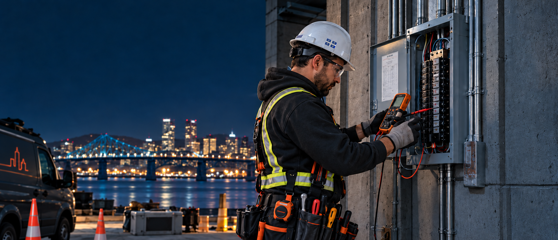 Électricien utilisant un instrument de mesure devant un panneau électrique, avec Montréal et son pont en arrière-plan